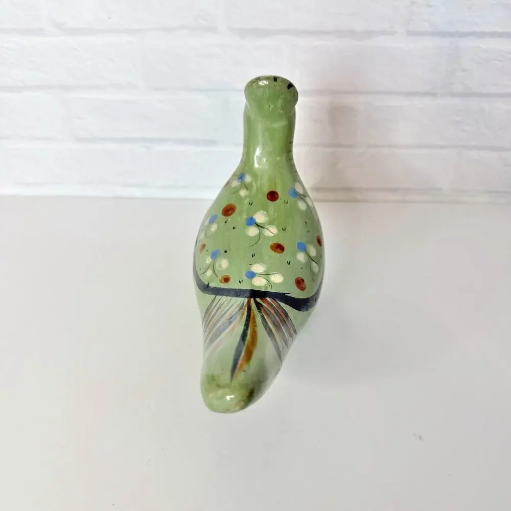 Vintage Tonala Bird Figurine Mexican Folk Art Pottery Green Floral